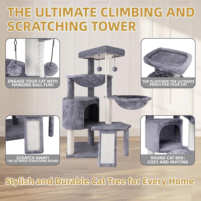 Three Layer Cat Tree with Cat Condo Scratch Pad and Two Hammocks,Grey | 3-Tier Cat Tree,Natural Sisal,Replaceable Hanging Balls,Sturdy Cat Furniture for Kitten&Adult Cat