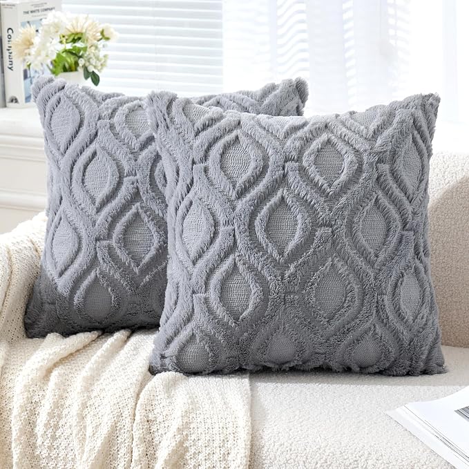 MIULEE Grey Blue Throw Pillow Covers 16x16 Inch, Soft Winter Plush Faux Wool Couch Pillow Covers Set of 2 Decorative Farmhouse Boho Throw Pillows for Sofa Living Room Bed | Set of 2, Farmhouse Boho Home Decor, Decorative Cushion Covers for Sofa, Living...