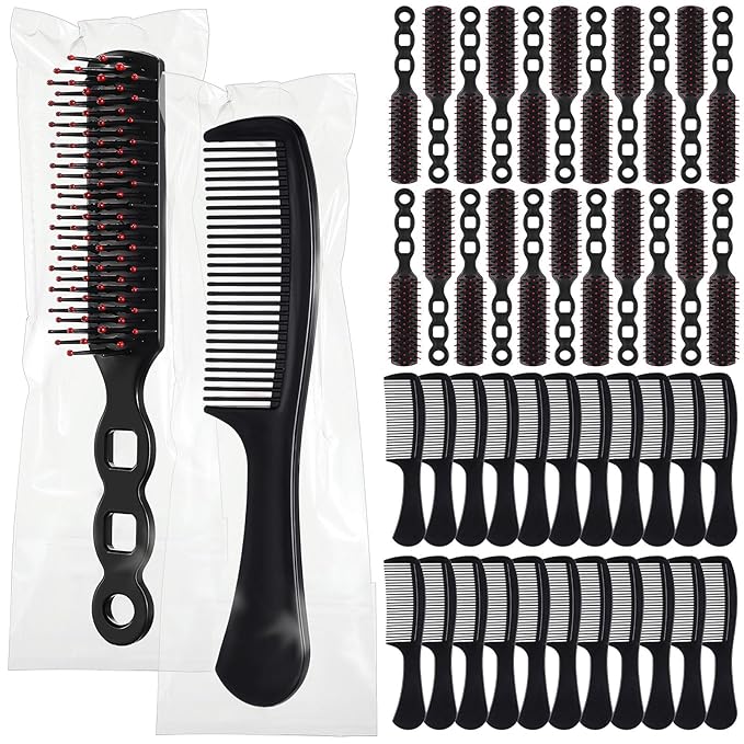 SiliFine 96 Pcs Bulk Hair Brush Combs for Homeless Individually Wrapped Hair Brush and Comb Set for Women Hotel Nursing Charity Travel(Black)