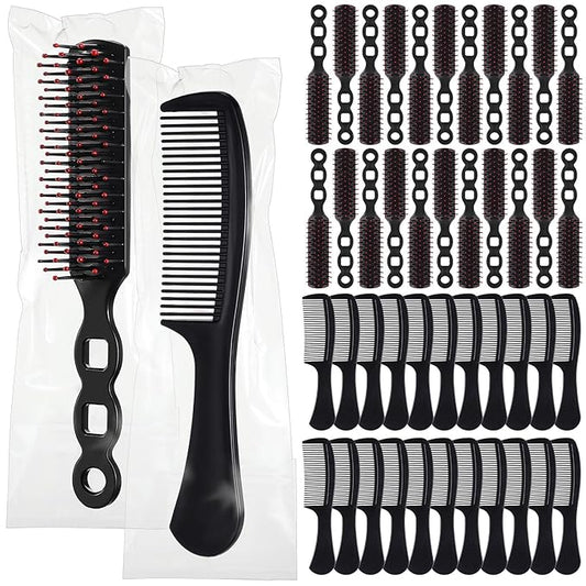 SiliFine 96 Pcs Bulk Hair Brush Combs for Homeless Individually Wrapped Hair Brush and Comb Set for Women Hotel Nursing Charity Travel(Black)