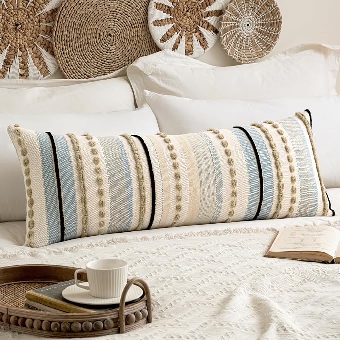 ANRODUO Boho Decorative Pillow Covers 14x36 Light Blue Stripe Pack of 1 | Throw Pillow Covers, Farmhouse Cushion Case, Long Chenille Pillow Cases, Lumbar Pillow Covers, Neutral Pillow for Sofa Couch