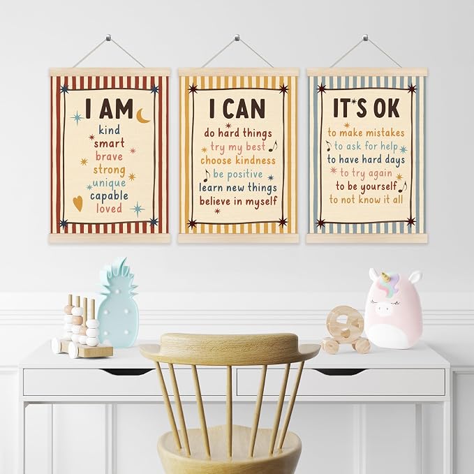 Koesus Inspirational Classroom Striped Wall Art Poster Hanger Frame 12x16 Inch Set of 3, Positive Affirmations for Kids, Motivational Canvas Pictures Prints Framed Wall Decor for Classroom Kids Room Playroom