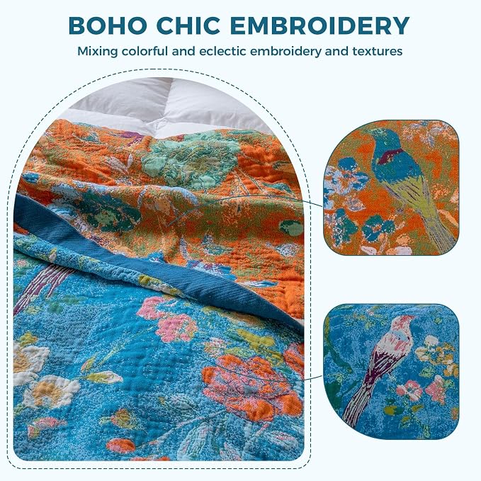LUTBM Boho Throw Blanket for Bed 60"x80", All Season Cotton Couch Blankets | Blue Reversible Floral Birds Jacquard, All-Season Lightweight Twin Quilt, For Chair Sofa Bedroom Living Room, Home Decor