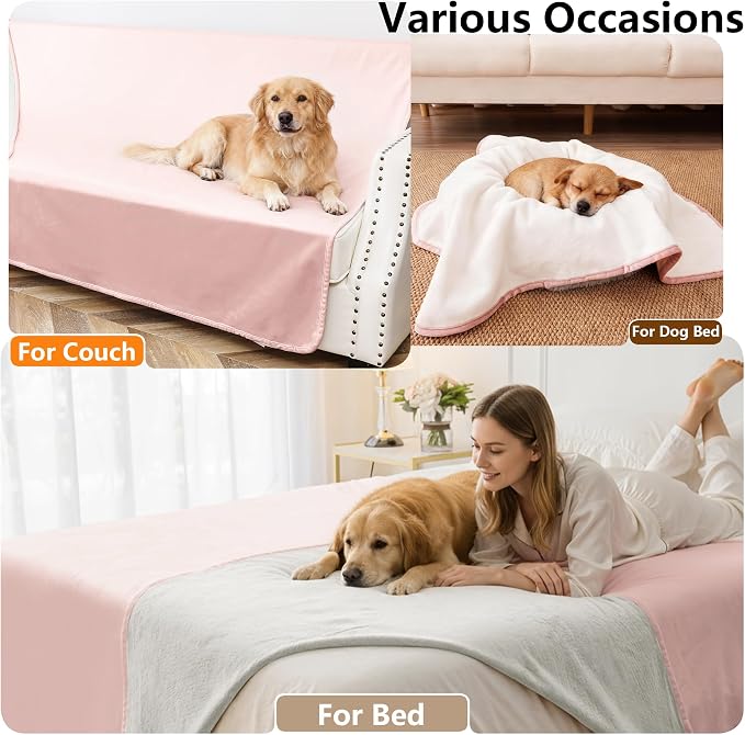 Waterproof Blanket - Reversible Dog Throw as Furniture Protector | Soft Velvet & Flannel, TPU Leak-Proof Liner, Machine Washable, Fits Couch and Bed, 82" x 108", Pink/Cream