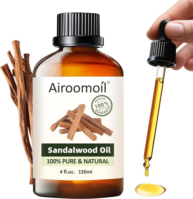 Sandalwood Essential Oil, Woody Scent, Aromatherapy, 4 Fl Oz | for Skin, Hair care, Home Diffusion Fragrance, Body Massage, DIY Candle and Soap Making, Perfume spray, Long-Lasting Scent