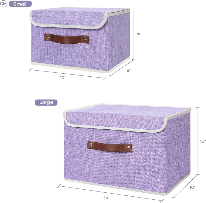 ANMINY Fabric Storage Box Bins with Lids, Purple, 10"x8"x7", 2 Pack | Keepsake Memory Storage, Cotton Linen, PP Board Reinforced, Washable, PU Handles, Foldable & Stackable, Decorative, Small