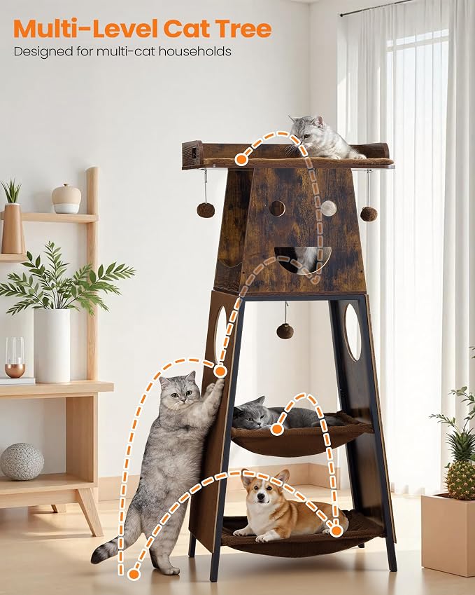 56in Modern Wood Cat Tree Tower for Indoor Cats with Hammock | Multi-Level Climbing Design, 2 Spacious Hammocks, Perch, Cat Condo, Scratching Board, Ideal for Multi-Cat Homes, Rustic Brown