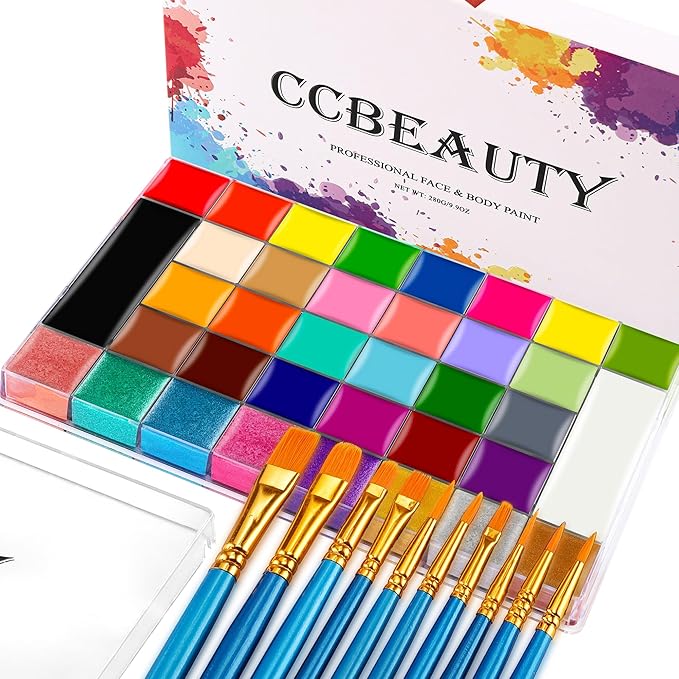 CCbeauty Professional 36 Colors Face Body Paint Kit, Largest Oil Based Hypoallergenic Neon Face Painting Palette Set with 10 Brushes for Halloween SFX Special Effects Cosplay Costume Makeup