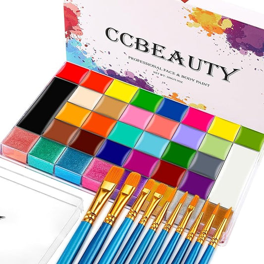 CCbeauty Professional 36 Colors Face Body Paint Kit, Largest Oil Based Hypoallergenic Neon Face Painting Palette Set with 10 Brushes for Halloween SFX Special Effects Cosplay Costume Makeup
