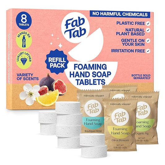 Fab Tab Foaming Hand Soap Refill - Natural Hand Soap - Bathroom Hand Wash - Plant-Based - No Harsh Chemicals - Variety scents - 8 Pack. Makes 8 x 11.9 fl oz (Bottle Not Included)