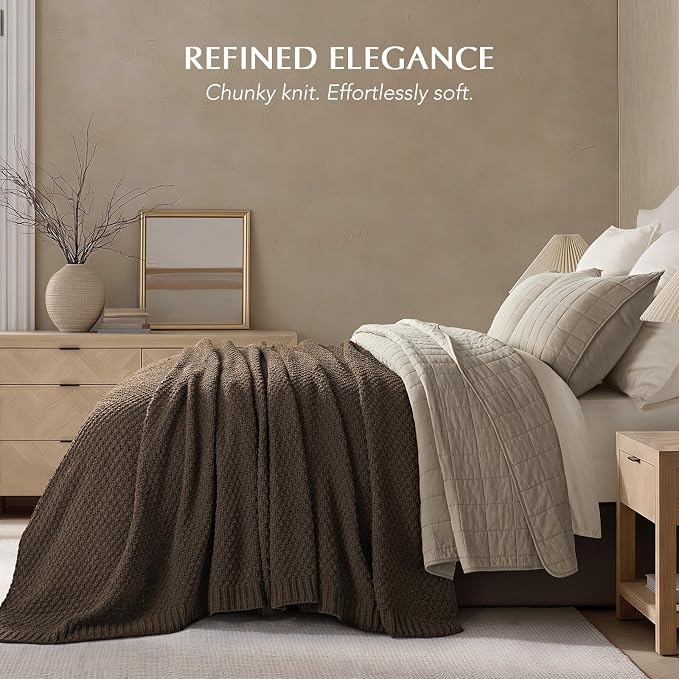 EVERGRACEHOME Chunky Chenille Knit Throw Blanket, 108x92, Cocoa Brown | Sculpted Moss Stitch, Chic Modern Farmhouse, All-Season Warmth, OEKO-TEX® Certified, Oversized King for Couch, Bed, Sofa