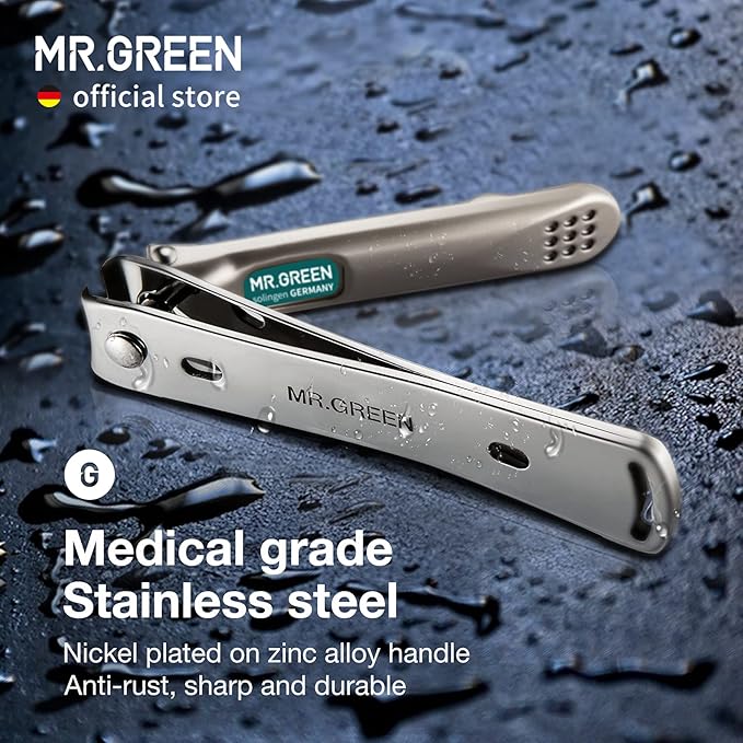 MR.GREEN Nail Clippers Curved Blades Fingernail Cutter Nippers Manicure Scissors Stainless Steel Pedicure Tools with Nail Flies (Medium-Blue+Glass File)