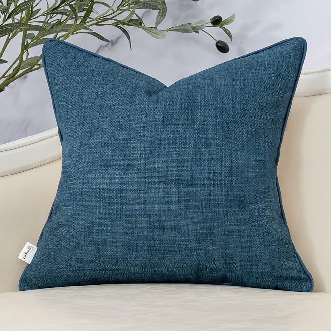 Patchwork Pillow Cover 20x20 Inch Luxury Cotton and Linen Cushion Cover Square Pillowcover for Couch Bedroom Living Room, Blue