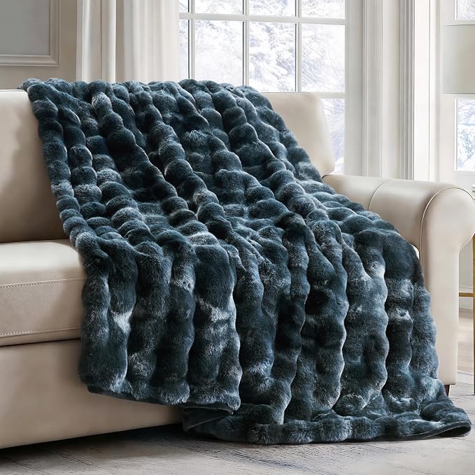 Faux Rabbit Fur Bubble Throw Blanket, 50"x60", Marble Deep Indigo | Ultra Soft, Luxury Faux Rabbit Fur Throw, Thick Warm Bubble Blanket, Cozy Fluffy Reversible, for Bed, Couch, Chair, Sofa