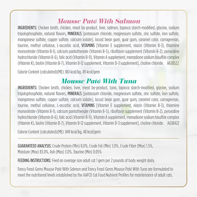 Purina Fancy Feast Gems Salmon Variety Pack Wet Cat Food, 4 oz, 12-Pack | 24 single servings, mousse pate with savory gravy, made with no artificial preservatives, 100 percent complete and balanced
