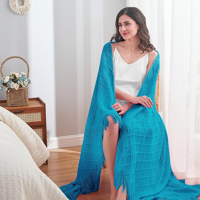 inhand Teal Knitted Throw Blanket for Couch and Bed, 60"x80" | Soft Living Room Home Decor Knitted Twin Size Blanket, Outdoor Lightweight Breathable Summer, Farmhouse Warm Woven Decorative
