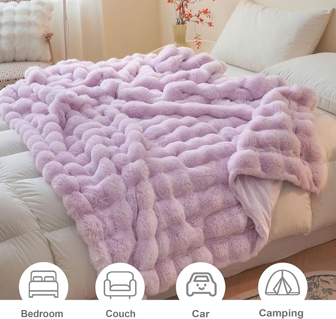 LIFEREVO Luxury Fluffy Faux Rabbit Fur Throw Blanket 50x60, Lavender | Plush Bubble Blanket for Bedroom Living Room Office, Decorative Soft Furry Light Purple Lap Throw for Girls Woments, Washable