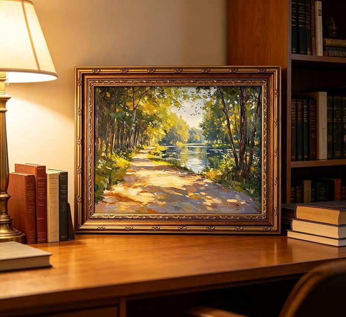 Vintage Gold Framed Canvas Wall Art Sunshine Forest Impressionist Landscape Painting Picture Wall Decor Spring Summer Green River Nature Scenery Poster Print Artwork for Living Room Bedroom