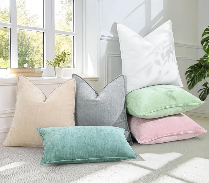 decorUhome Chenille Aqua Haze Velvet Throw Pillow Covers 22x22 Set of 2 | Fall Soft Euro Sham Couch Decorative Modern Farmhouse Pillow Cases with Elegant Design for Sofa Bed Living Room Home Decor