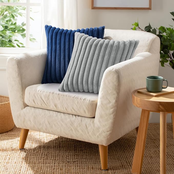 Pallene Faux Fur Decorative Throw Pillow Covers 12x20 Set of 2, Navy Blue | Luxury Plush Texture, Striped Design, Cozy Soft Touch, Modern Home Accent Decor for Couch, Sofa, Bed, Living Room