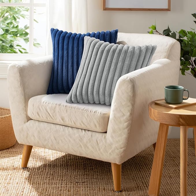 Pallene Faux Fur Decorative Throw Pillow Covers 24x24 Set of 2, Navy Blue | Luxury Plush Texture, Striped Design, Cozy Soft Touch, Modern Home Accent Decor for Couch, Sofa, Bed, Living Room