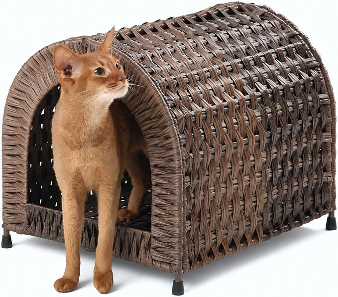 Handwoven Wicker Cat Bed for Cats up to 20 lb, 14.2" H × 14.2" W × 16.5" D | Dome shaped hideaway for cats to feel safe. Woven wicker and raised base for airflow. Natural furniture look. Rinse clean.
