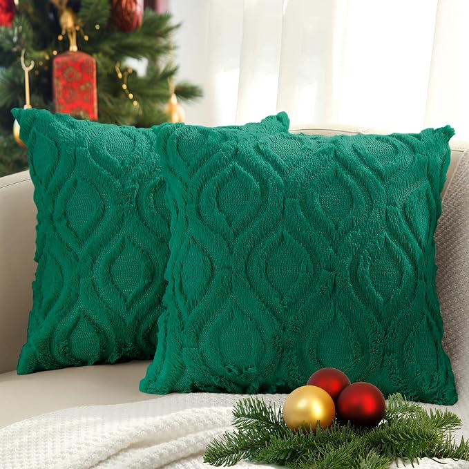 decorUhome Faux Fur Plush Soft Green Throw Pillow Covers 24x24 Set of 2 | Plush Solid Fall Couch Pillow Covers, Accent Modern Farmhouse Neutral Decorative Square Pillow Cases for Sofa Bed Living Room