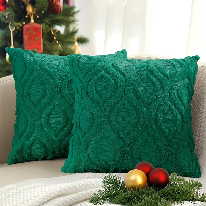 decorUhome Faux Fur Plush Soft Green Throw Pillow Covers 16x16 Set of 2 | Plush Solid Fall Couch Pillow Covers, Accent Modern Farmhouse Neutral Decorative Square Pillow Cases for Sofa Bed Living Room