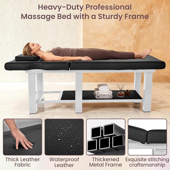Professional Stationary Massage Table with Backrest,Adjustable Thick Foam Spa Massage Beds,Metal Frame PU Leather 27.55'' Wide 72.83'' Long Heavy Duty Bed for Massages,Hairdressing,Spas(Black White)