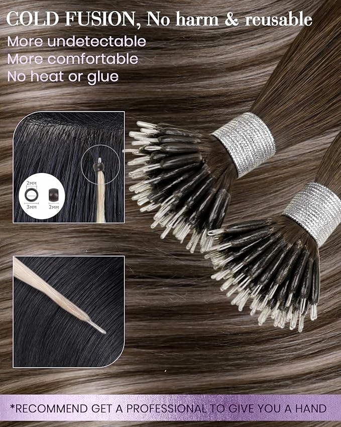 LaaVoo Nano Hair Extensions Human Hair Balayage Dark Brown to Ash Blonde Nano Ring Hair Extensions Brown 50s 50g 14 Inch