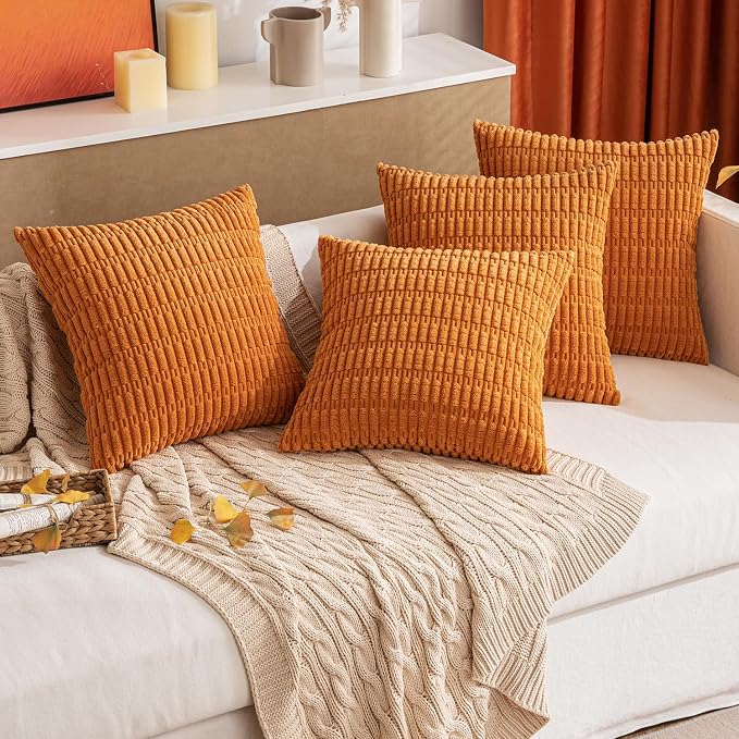 MIULEE Pack of 4 Fall Corduroy Throw Pillow Covers 18x18 Inch Burnt Orange | Neutral Rustic Farmhouse Boho Soft Striped Pillow Covers,Home Decor for Sofa,Living Room,Couch,Bed