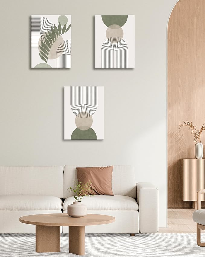 HesenDot 40x60CM Sage Green Boho Wall Art, Botanical Geometric Framed Canvas Bathroom Wall Art, Mid-Century Modern Wood Frame Abstract Prints for Living Room Bedroom Bathroom Home Decor, Set of 3