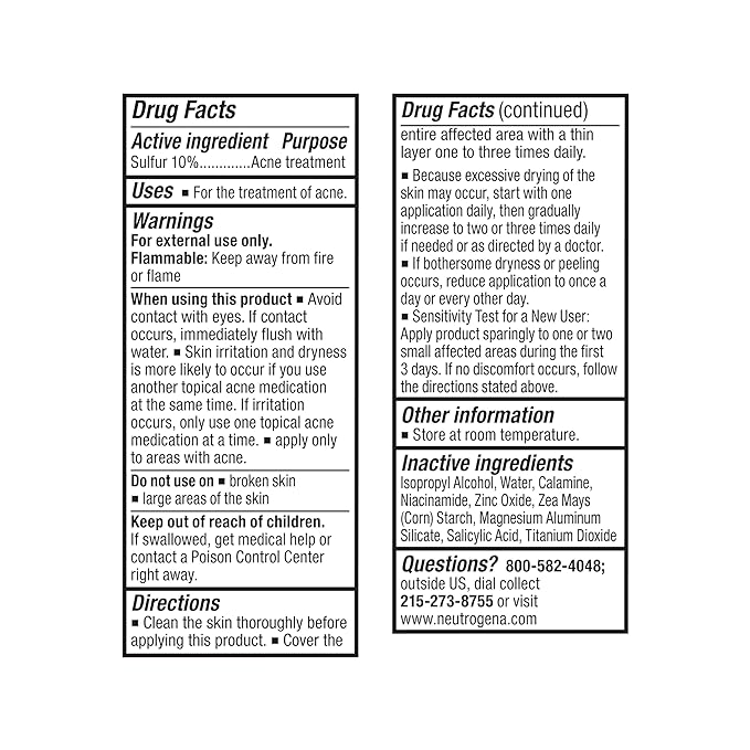 Neutrogena Stubborn Acne Spot Drying Lotion, Fragrance-Free Sulfur Acne Treatment Clears Acne By Drying Up & Shrinking Pimples, Paraben- & Oil-Free, 10% Sulfur & 4% Niacinamide, 1.0 fl. oz