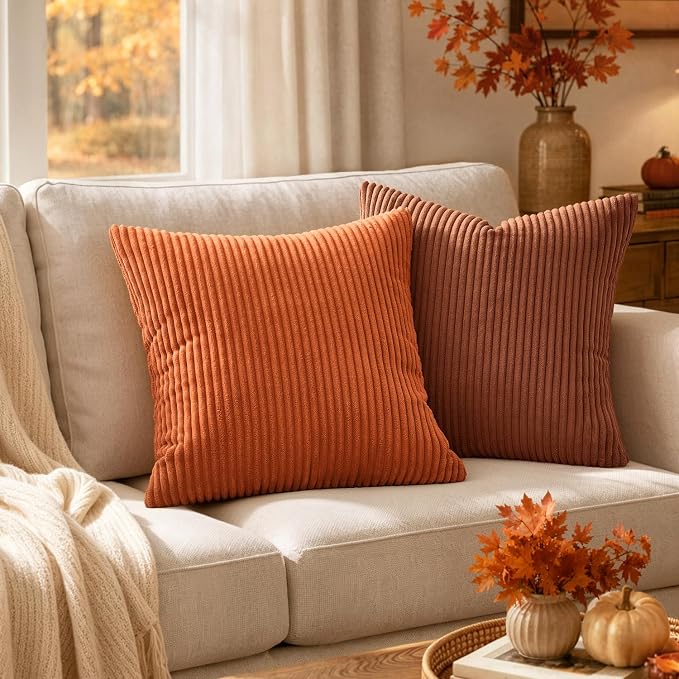 MIULEE Fall Decorative Corduroy Throw Pillow Covers Set of 2 20x20 Orange | Soft Striped Textured Cushion Cases, Boho Energetic Vibe Pillowcases for Home Decor, for Couch Chair Sofa Bed Living Room