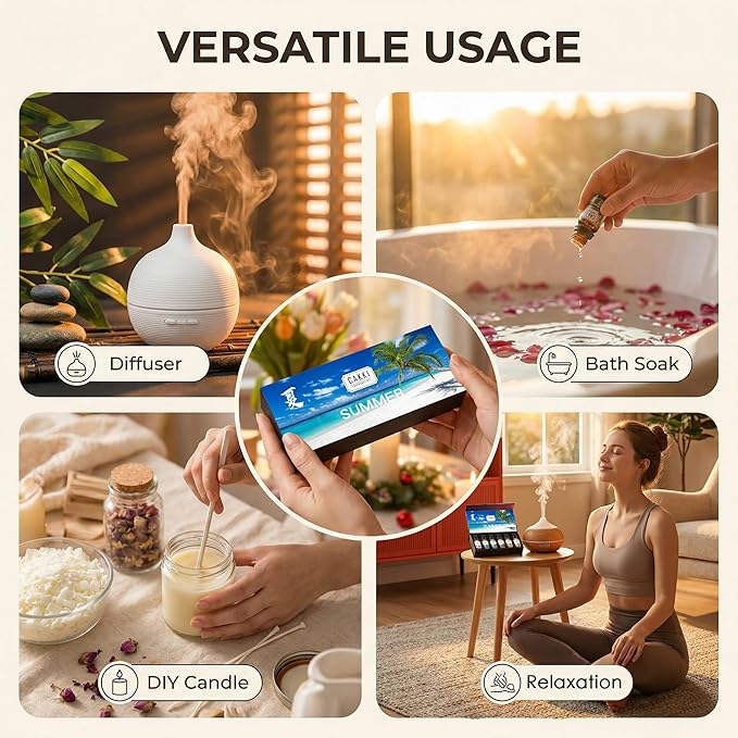 Summer Essential Oils for Diffusers for Home, CAKKI Fragrance Oils Set, Long Lasting, 6X10ml with Coconut, Pina Colada, Aqua Kiss, Bali Island, Strawberry, Aromatherapy Oils, for Candles Making, Gifts