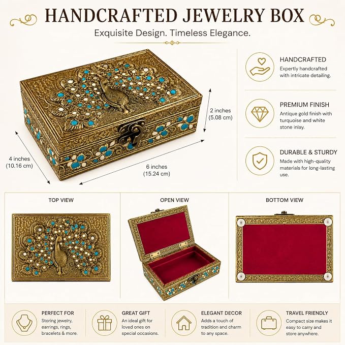 ETROVES 6 inch Jewelry Box - Handmade Portable Treasure Organiser Keepsake - Decorative Memory Storage Case Single Compartment for Women Men Jewel - Vintage Trinket Box (Peacock)