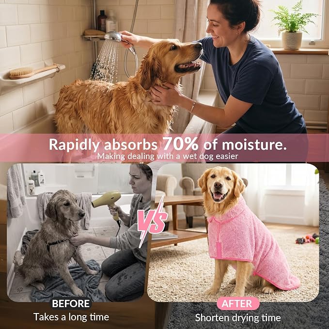 Bienbee Dog Bathrobe, Super Absorbent for Small to Large Dogs, Pink M | Dog Robes with Soft Fleece, Warm & Cozy, Adjustable Fit, and Quick Drying Coat for Baths Swimming and Grooming