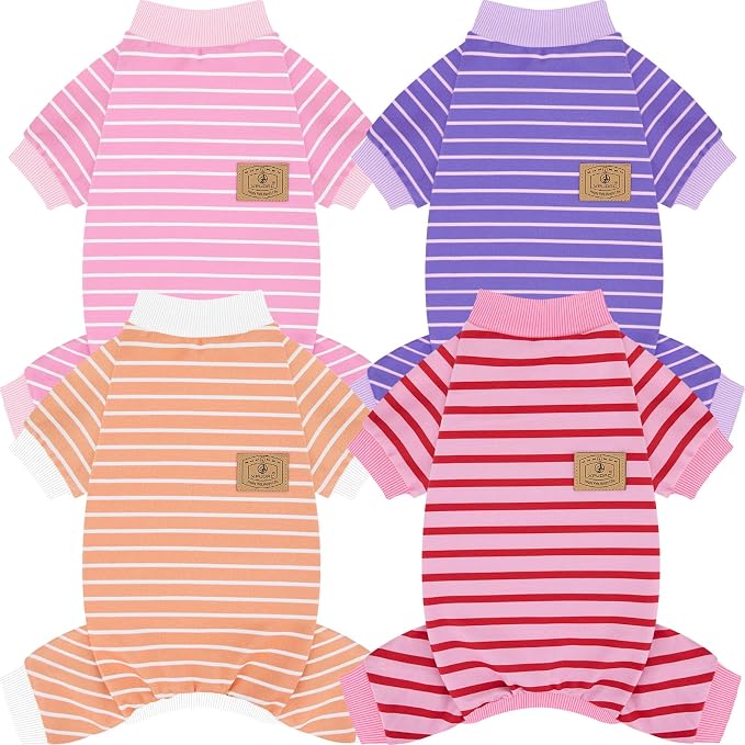 XPUDAC 4 Pack Dog Pajamas Striped Dog Clothes for Small Medium Dogs Girl Boy Comfy Puppy Outfit Doggy Jammies Onesie Pet Costume, Purple, Pink, Orange, M
