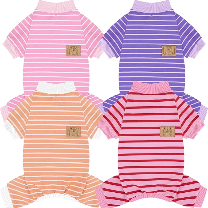 XPUDAC 4 Pack Dog Pajamas Striped Dog Clothes for Small Medium Dogs Girl Boy Comfy Puppy Outfit Doggy Jammies Onesie Pet Costume, Purple, Pink, Orange, XXS