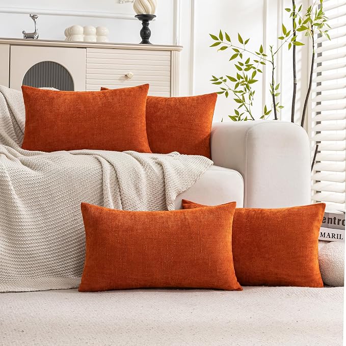 Set of 4 Soft Textured Decorative Throw Pillow Covers 12x20 Inch Cozy Farmhouse Cushion Cover Square Accent Pillow Cases for Bed Couch Sofa Living Room, Burnt Orange