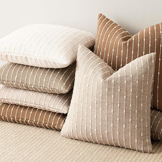 Foindtower Pack of 2 Decorative Jacquard Boucle Throw Pillow Covers Accent Textured Striped Pillowcases Soft Boho Modern Cushion for Couch Sofa Bedroom Living Room Home Decor 20x20 Inch Natural Beige