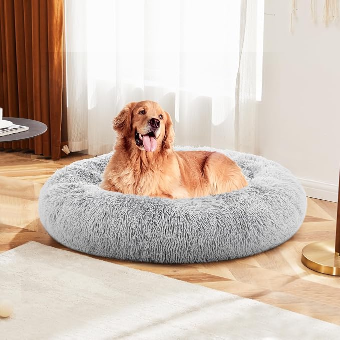 DUMOS 37.4 Inch XL Donut Dog Bed for Indoor Use, Fluffy Faux Fur Plush | Warming Cozy Round Pet Bed, Machine Washable Cuddler, Anti-Slip Bed for Dogs and Cats, Grey