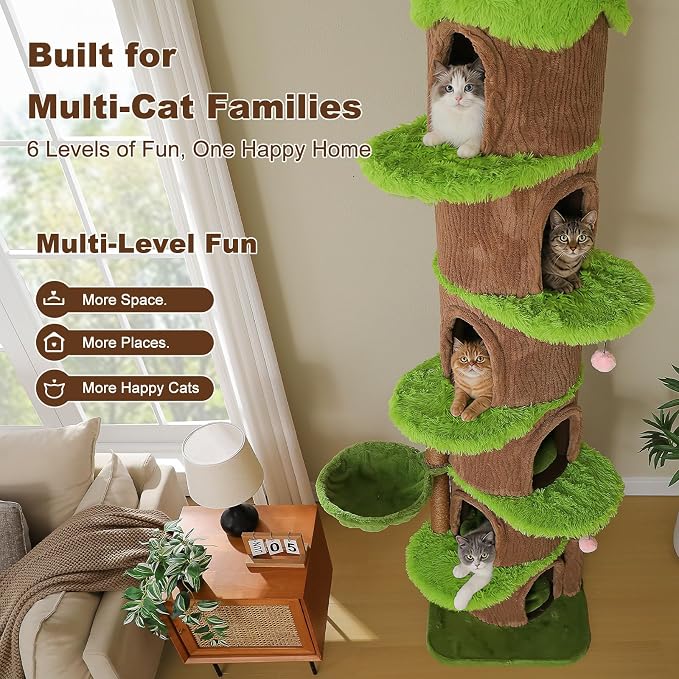 MUTTROS Magic Forest Floor-to-Ceiling Cat Tree, Adjustable 96.8"-116.5" | Designed for multi-cat homes, 6 spacious condos, scratching posts, hammock and perches for cats to climb, rest and relax