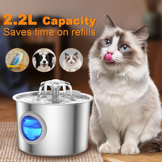 Cat Water Fountain Advanced 304 Stainless Steel 2.2L/74oz with 3-Pack Replaceable Filters, Detachable Tank, Easy to Clean, Automatic Pet Fountain Quiet Cats Water Dispenser, Dogs