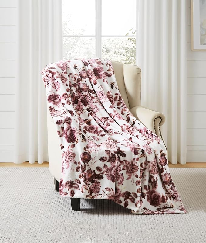 Floral Fleece Throw Blankets: Soft Plush Flower Garden Accent for Sofa Couch, Blush Pink Blue Purple Burgundy White
