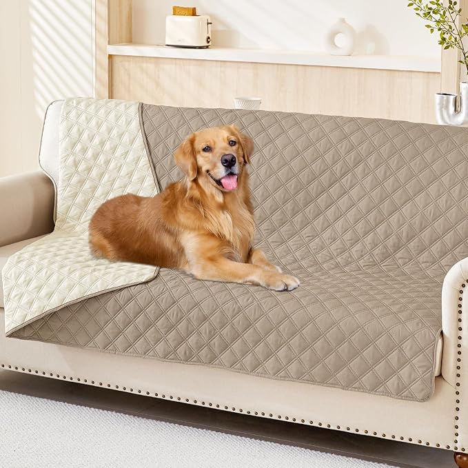 Smiry Waterproof Reversible Pet Couch Covers for Dogs | Pet Friendly, Soft Fabric, Washable Sofa Furniture Protector for Dogs Cat Kids, Checkered (52"x82", Taupe/Beige)