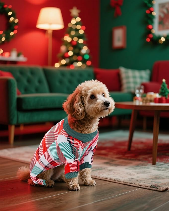 PET SHOW 4 Pack Fleece Dog Pajamas Plaid for Medium Dogs | Soft stretchy dogs onesies,boy girl pjs with sleeve,holiday jumpsuit costume for small pets,M