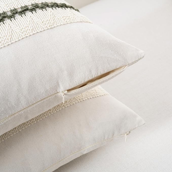 Fancy Homi Set of 2 Boho Olive Green Long Lumbar Decorative Throw Pillow Cover 16x24 Inch for Couch Bed Sofa Chair, Modern Organic Farmhouse Home Decor, Soft Cotton Cute Accent Rectangle Cushion Case