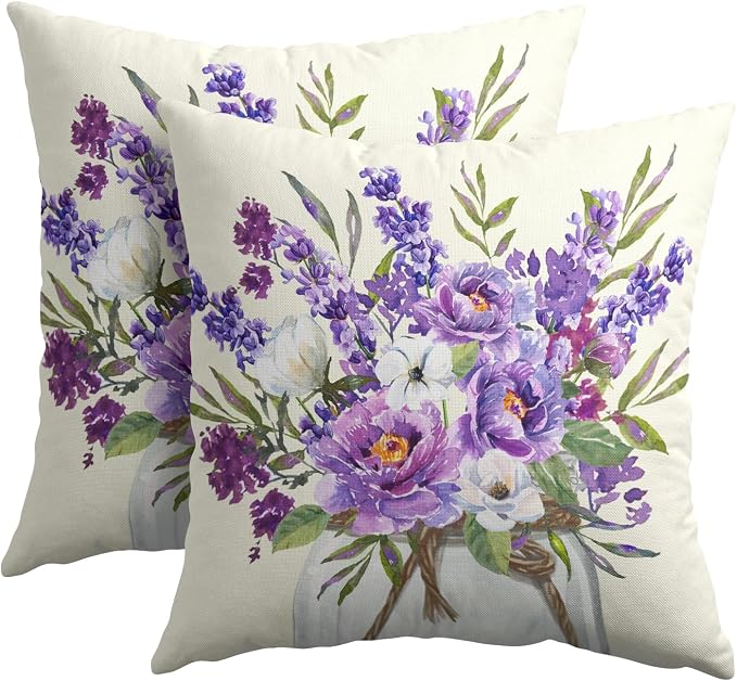 Kawani Lavender Flowers Throw Pillow Covers 16x16 Inch Pack of 2 Watercolor Purple White Floral Leaves Mason Jar Square Pillowcase Cotton Linen Cushion Case for Couch Sofa Bed Home Decor
