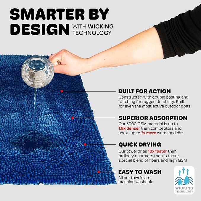 Dog Gone Smart Dirty Dog Doormat - Fast Drying Rug with Super Gripper Backing for Clean Floors - Super Absorbent and Machine Washable Mat for Muddy Paws - Marine | Super Gripper Backing for Clean Floors - Absorbent Microfiber and Machine Washable Mat f...